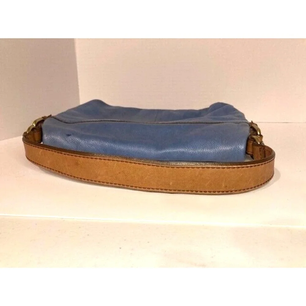 Vintage‎ Fossil Cowhide Leather Fold-Over Denim Blue Shoulder Bag Hobo